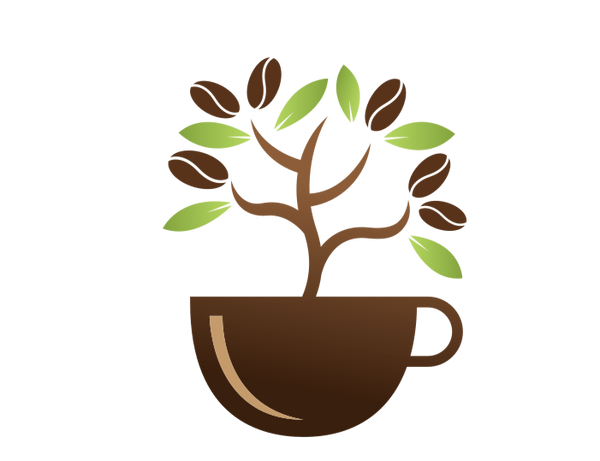 Eco Coffee Store logo. A brown coffee cup with a green and brown tree growing out of it